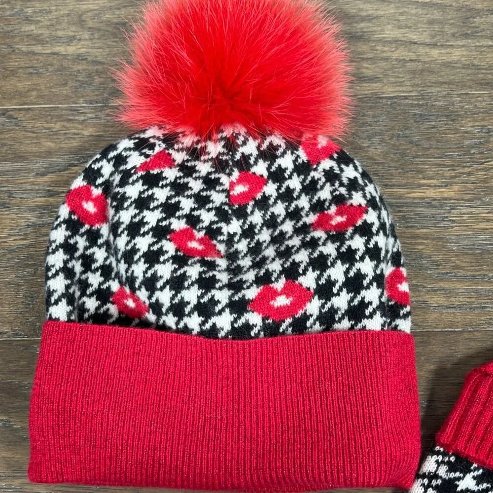 MITCHIE'S MATCHINGS Knit Hat & Fingerless Mitten Set in Red Lips Houndstooth NWT